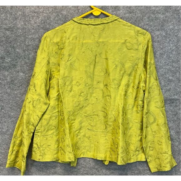 CHICO’S Silk Linen Jacket Size 1 (8/M) Chartreuse Embroidered Open Front Green - Picture 10 of 11